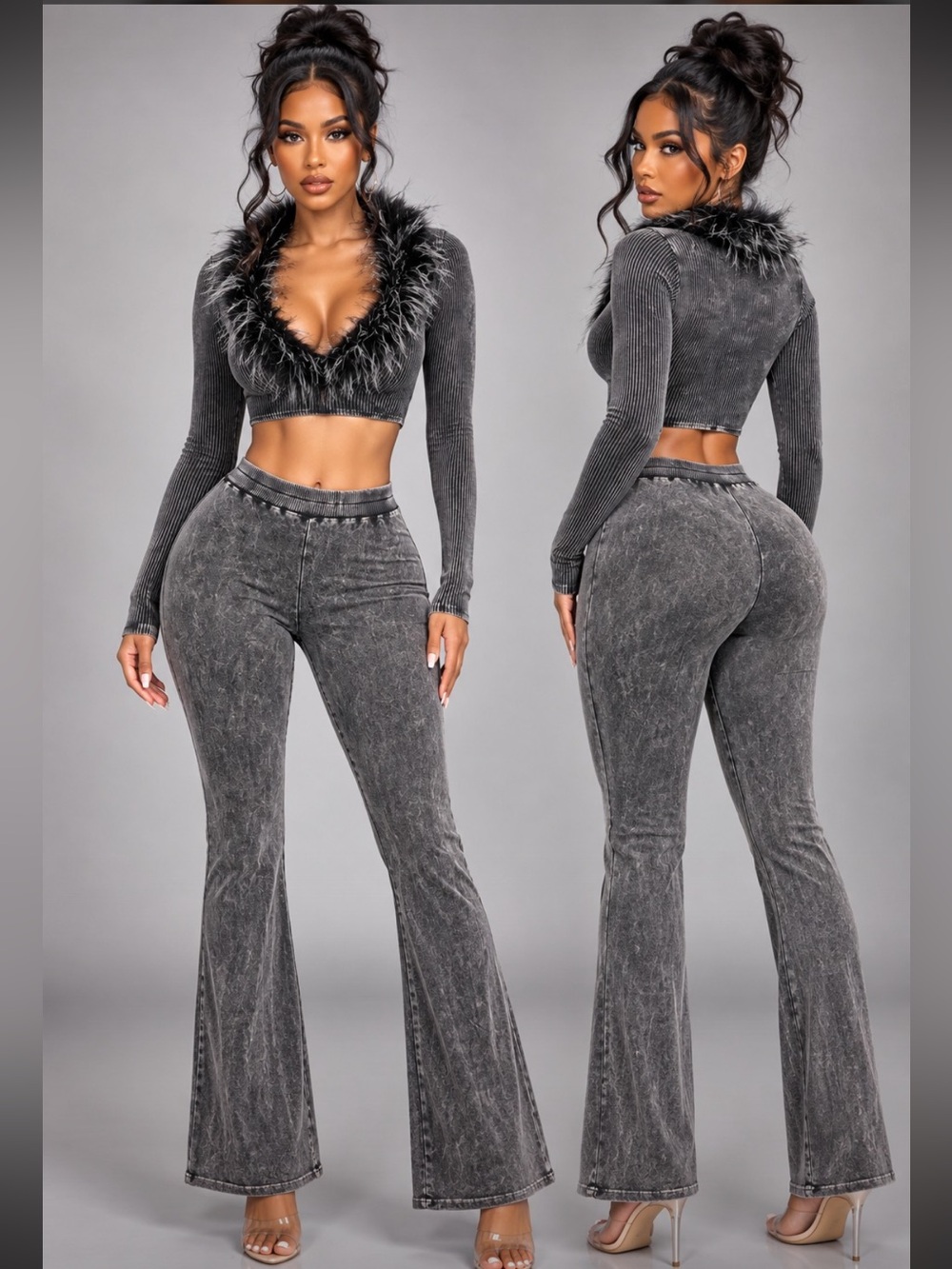 Faux-Fur Trim Washed Gray Flare Pants Set